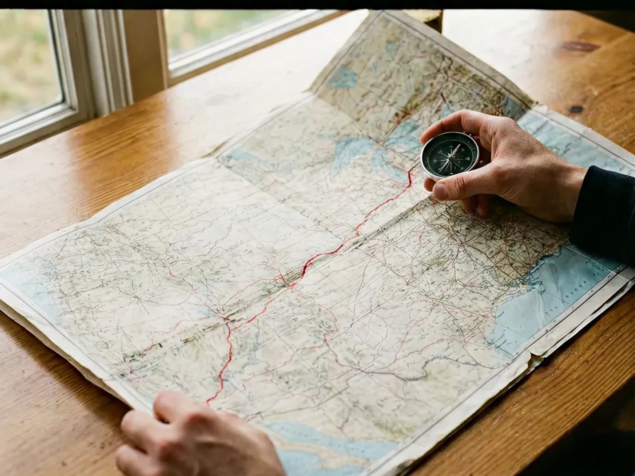 Hands holding a compass over an unfolded paper road map